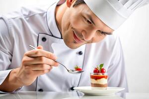 ai generado hombre cocinero decorando delicioso postre. foto