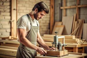 ai generado masculino carpintero trabajando de madera máquina taller foto