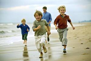 ai generado chico corriendo en playa foto