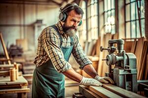 ai generado masculino carpintero trabajando de madera máquina taller foto