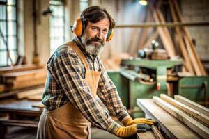 ai generado masculino carpintero trabajando de madera máquina taller foto