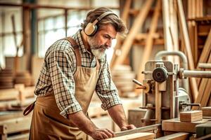 AI generated male carpenter working wooden machine workshop photo