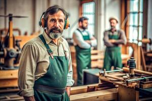 ai generado masculino carpintero trabajando de madera máquina taller foto