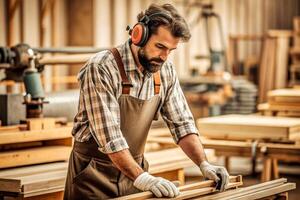 ai generado masculino carpintero trabajando de madera máquina taller foto