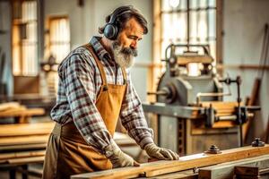 ai generado masculino carpintero trabajando de madera máquina taller foto