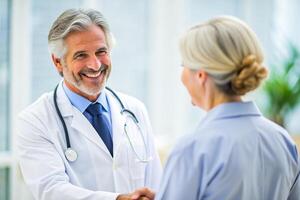 ai generado sonriente médico a el clínica dando y apretón de manos a su paciente, cuidado de la salud foto