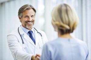 ai generado sonriente médico a el clínica dando y apretón de manos a su paciente, cuidado de la salud foto