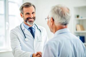 ai generado sonriente médico a el clínica dando y apretón de manos a su paciente, cuidado de la salud foto