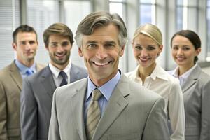 AI generated modern office team of business people  smile and talk photo