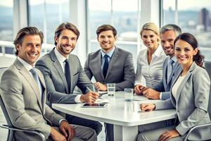 AI generated modern office team of business people  smile and talk photo