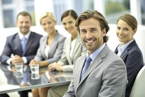 AI generated modern office team of business people  smile and talk photo