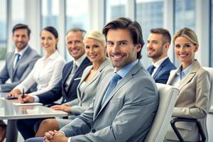 AI generated modern office team of business people  smile and talk photo