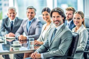 ai generado moderno oficina equipo de negocio personas sonrisa y hablar foto