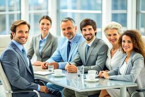 AI generated modern office team of business people  smile and talk photo