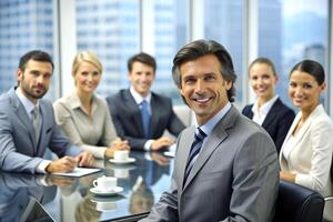 AI generated modern office team of business people  smile and talk photo