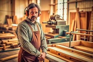 AI generated Carpenter working on woodworking machines in carpentry shop. man works in a carpentry shop. photo