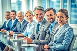 ai generado moderno oficina equipo de negocio personas sonrisa y hablar foto