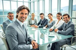 AI generated modern office team of business people  smile and talk photo