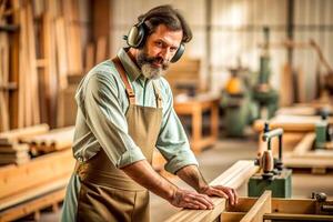 AI generated Carpenter working on woodworking machines in carpentry shop. man works in a carpentry shop. photo