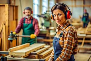 AI generated woman carpenter working on woodworking machines photo