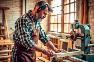 AI generated Carpenter working on woodworking machines in carpentry shop. man works in a carpentry shop. photo