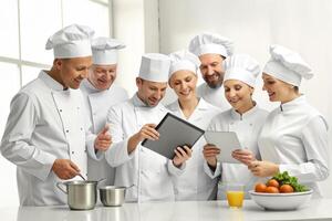 AI generated Modern Kitchen Team of Cooks Use Tablet photo