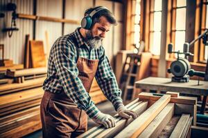 AI generated woman carpenter working on woodworking machines photo