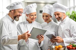 AI generated Modern Kitchen Team of Cooks Use Tablet photo