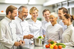 AI generated Team of chef in the kitchen smile photo