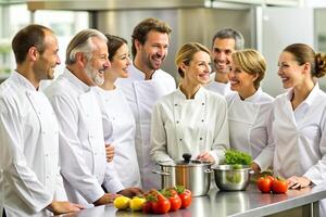 ai generado equipo de cocinero en el cocina sonrisa foto