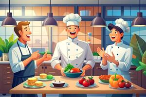 AI generated Team of chef in the kitchen smile photo