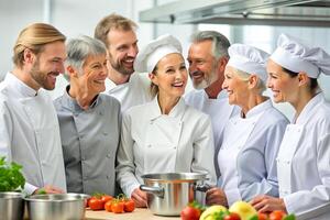 AI generated Team of chef in the kitchen smile photo