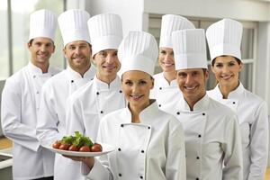 ai generado equipo de cocinero cocina presentación platos foto