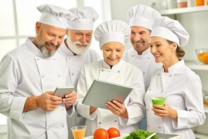ai generado moderno cocina equipo de cocineros utilizar tableta computadora para recetas, ellos sonrisa y tener discusión foto