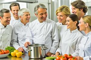 ai generado equipo de cocinero en el cocina sonrisa foto