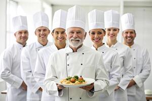 ai generado equipo de cocinero cocina presentación platos foto