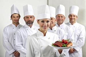 ai generado equipo de cocinero cocina presentación platos foto