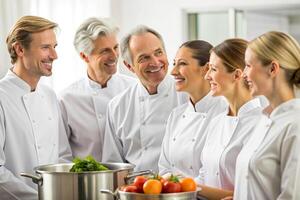 AI generated Team of chef in the kitchen smile photo