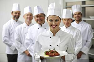 ai generado equipo de cocinero cocina presentación platos foto