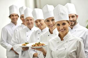 ai generado equipo de cocinero cocina presentación platos foto