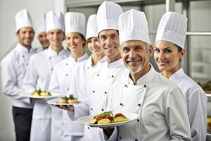 ai generado equipo de cocinero cocina presentación platos foto