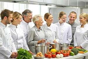 ai generado equipo de cocinero en el cocina sonrisa foto