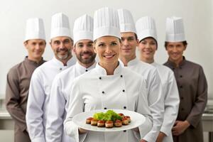 ai generado equipo de cocinero cocina presentación platos foto