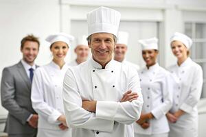 ai generado equipo de cocinero en el cocina sonrisa foto