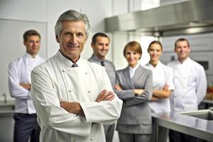 AI generated Team of chef in the kitchen smile photo