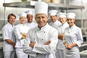 ai generado equipo de cocinero en el cocina sonrisa foto