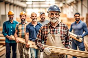 AI generated male carpenter holding wood team photo