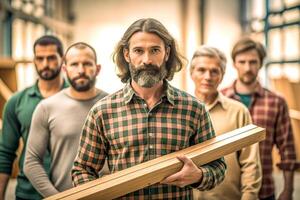 AI generated male carpenter holding wood team photo