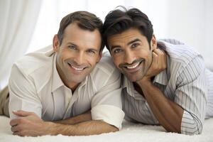 AI generated gay couple lying , boyfriend photo