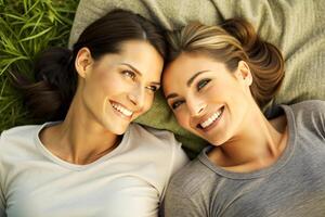 AI generated Happy Lesbian couple lying down, sister photo